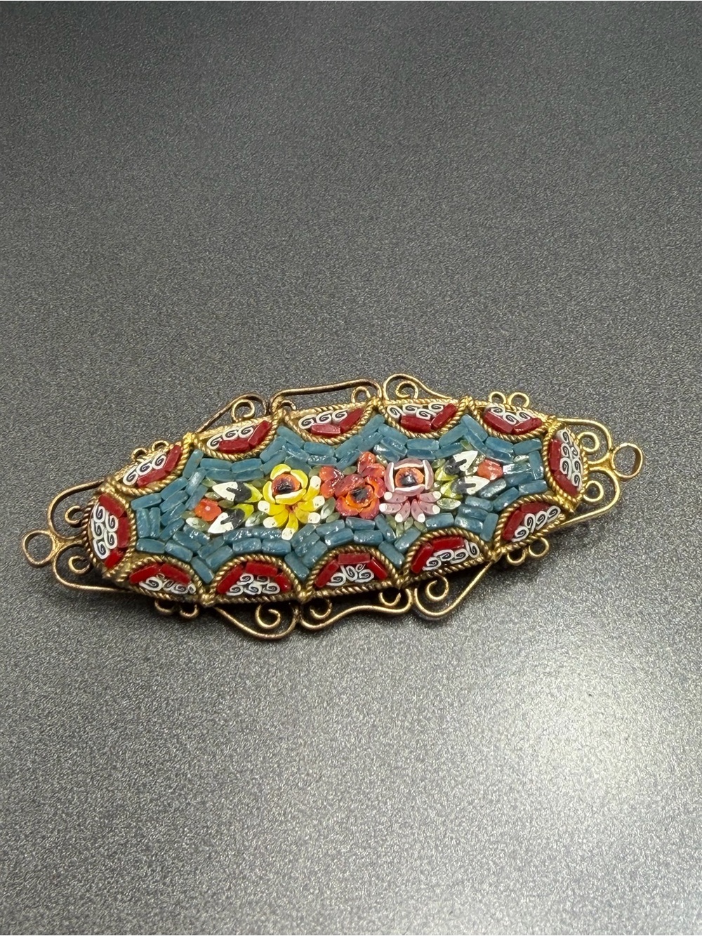 Vintage Long  Micro Mosaic Floral Brooch #34mi